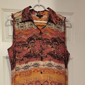 Women's Long Blouse - Bohemian Multicolor Sleeveless Top With Side Slits